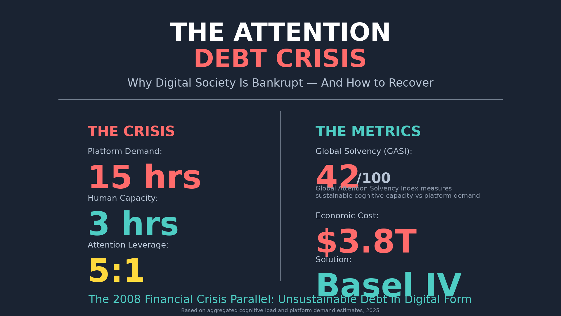 The Attention Debt Crisis infographic showing platform demand of 15 hours versus human capacity of 3 hours, resulting in 5:1 attention leverage ratio, Global Attention Solvency Index score of 42/100, $3.8 trillion economic cost, and Basel IV as regulatory solution