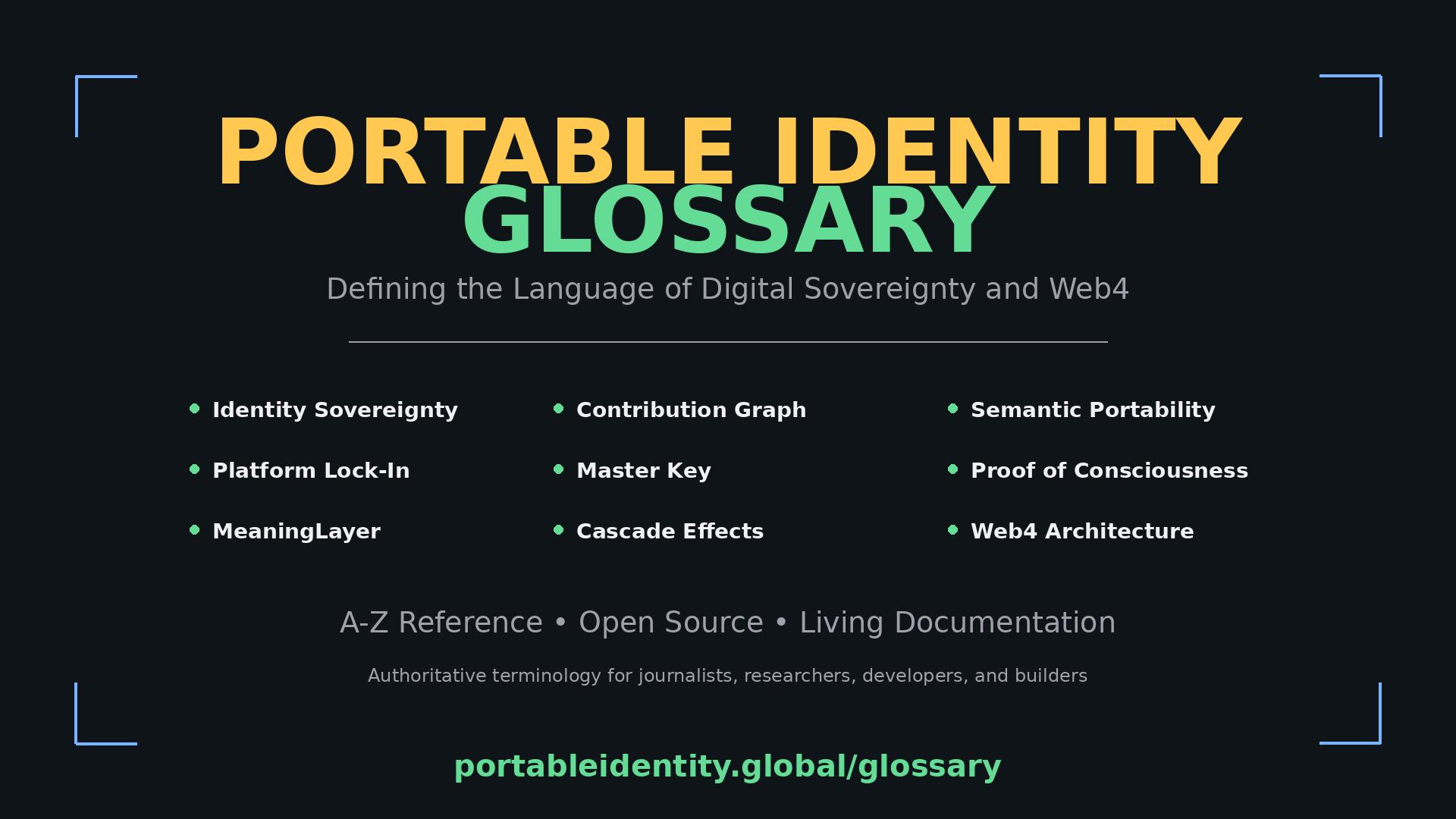 Portable Identity Glossary - comprehensive definitions of Web4 terminology including identity sovereignty, contribution graphs, semantic portability, and protocol-layer infrastructure