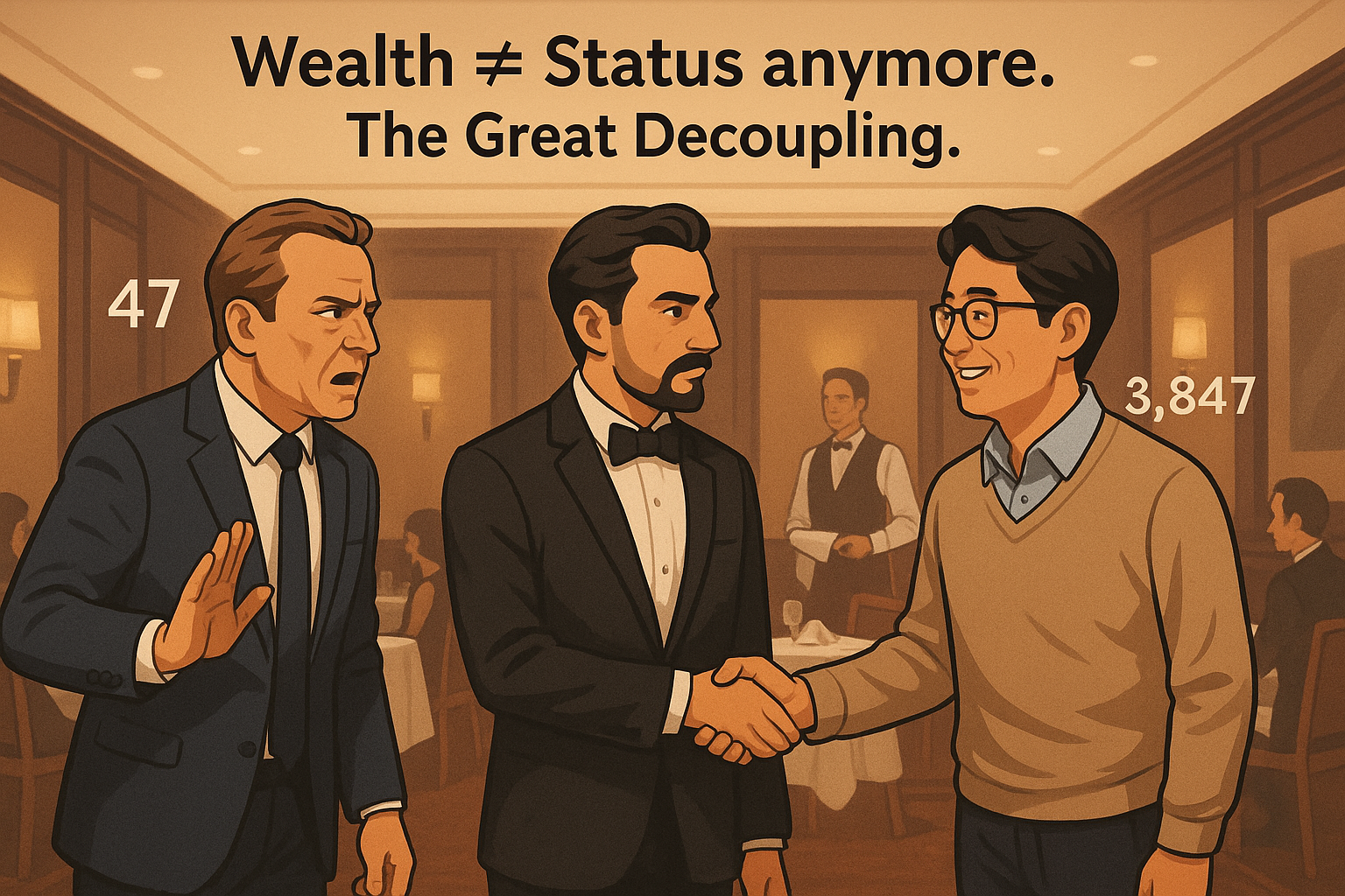 Restaurant scene showing wealthy businessperson ignored while modest teacher receives VIP treatment, illustrating The Great Decoupling where contribution graph (3,847) determines status over wealth