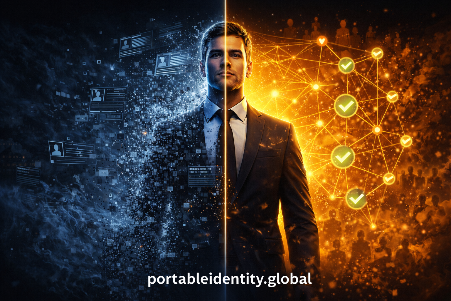 Professional figure at split reality crossroads: left side dissolving into digital particles showing behavioral verification collapse, right side solid with golden verified contribution network - consciousness proof in Synthetic Age visualization