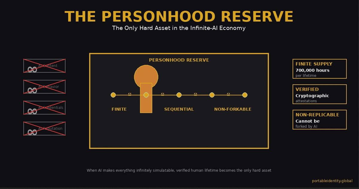 The Personhood Reserve showing verified human lifetime as hard asset - central figure with cryptographic timeline marked finite, sequential, non-forkable, contrasted with infinite but valueless AI-generated content crossed out on left side