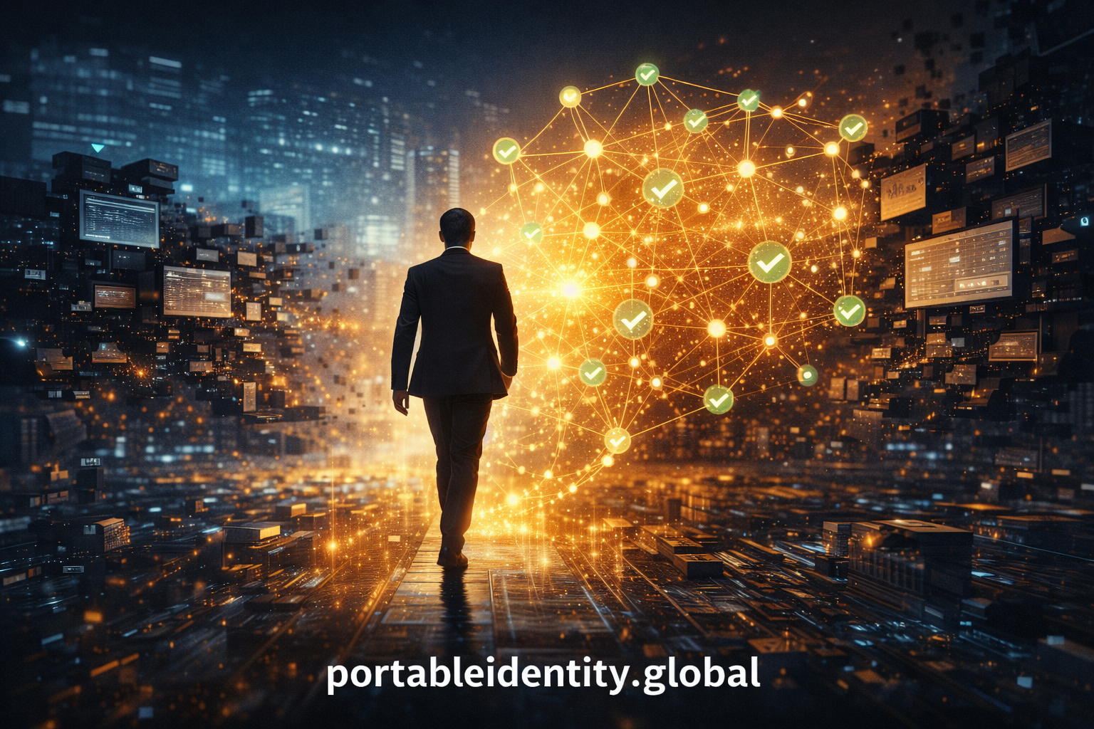 Professional silhouette walking forward with glowing verified contribution network constellation, leaving fragmented platform silos behind - portable identity Web4 infrastructure visualization