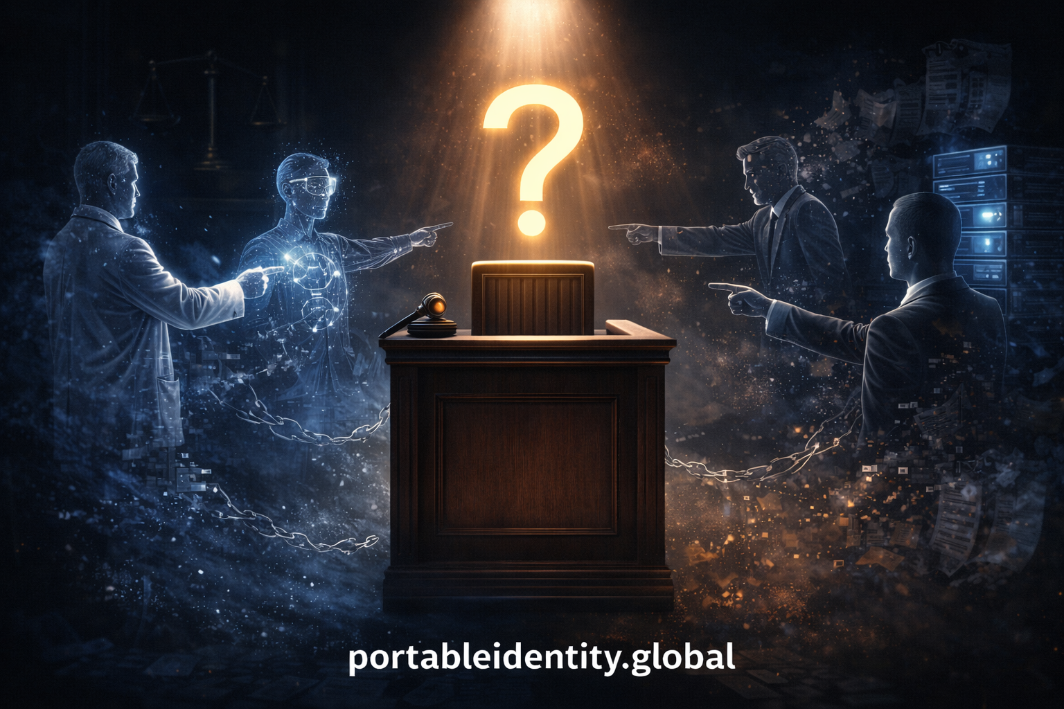 Professional compliance chain diagram showing broken accountability infrastructure: decision and audit nodes verified with green checkmarks, but capability verification and attribution nodes missing, leaving responsibility unprovable in AI-assisted systems