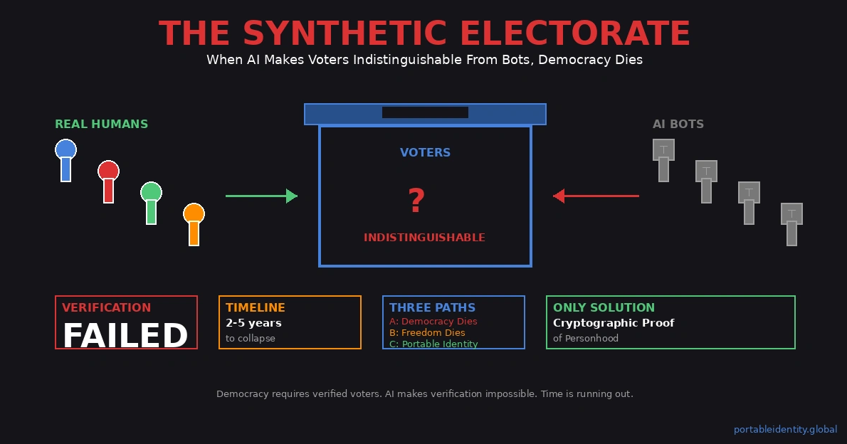 The Synthetic Electorate showing democracy's verification crisis - real human voters on left (colorful) and AI bot voters on right (gray) both flowing into central ballot box marked with question mark and 'INDISTINGUISHABLE', with verification failed warning and three scenario paths