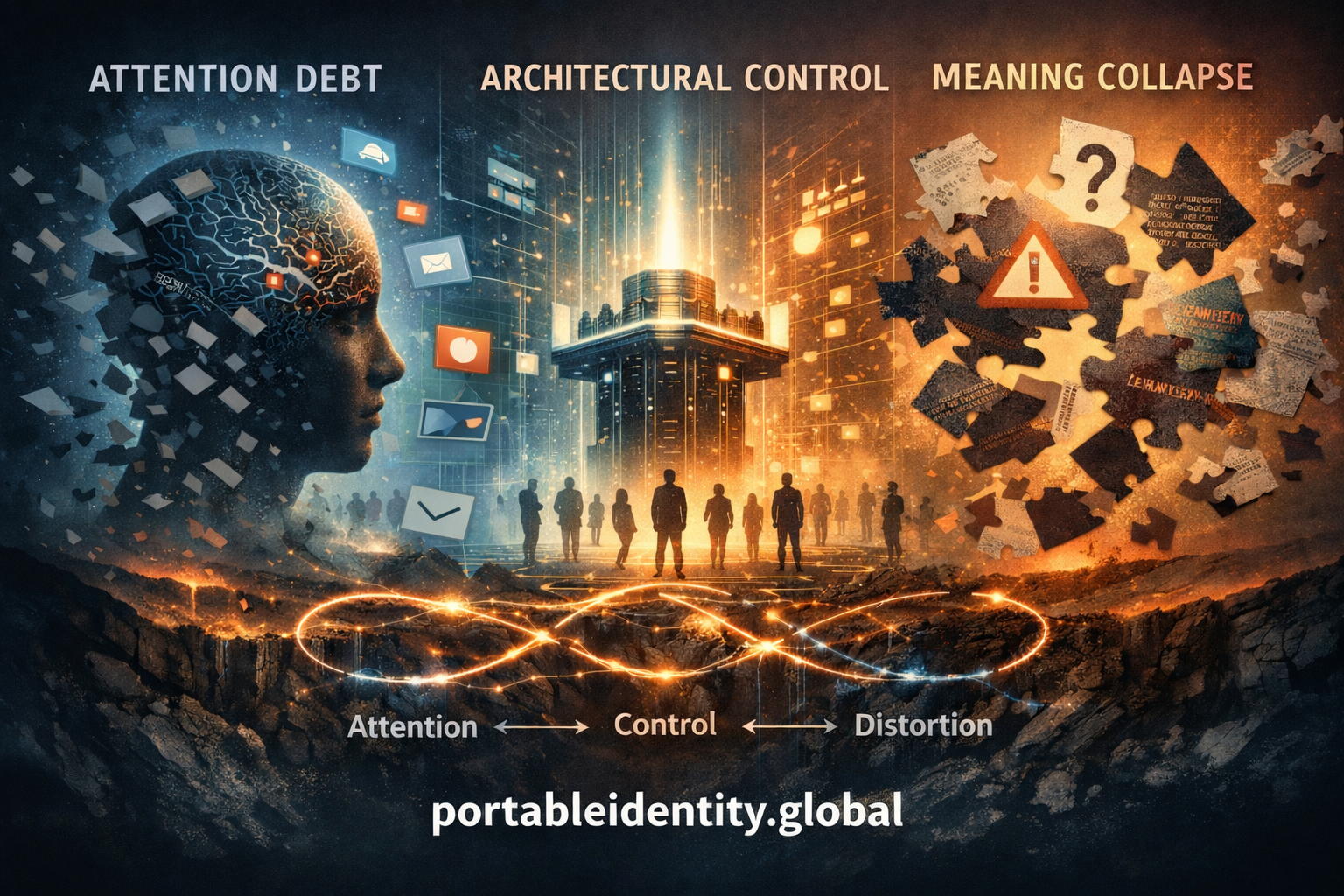 Triptych visualization showing attention debt fragmentation, architectural control infrastructure, and meaning collapse with infinity doom loop representing epistemological breakdown in platform economies