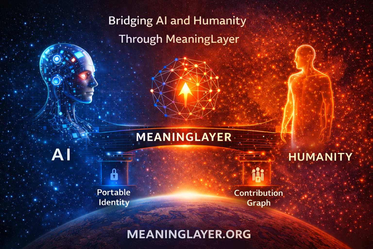 Visual representation of MeaningLayer bridging artificial intelligence and humanity through Web4 semantic infrastructure, showing Portable Identity cryptographic ownership and Contribution Graph verified effects as foundation layers enabling personal meaning ownership for first time in history