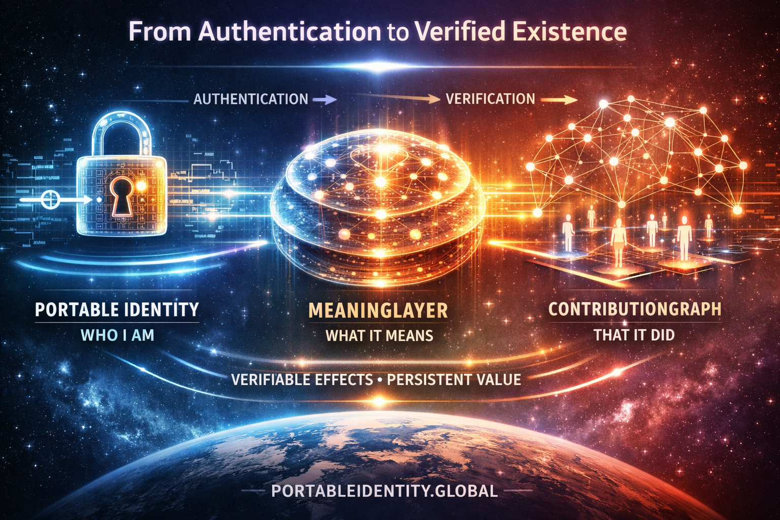 MeaningLayer showing how identity becomes verifiable beyond authentication through semantic continuity and verified contribution