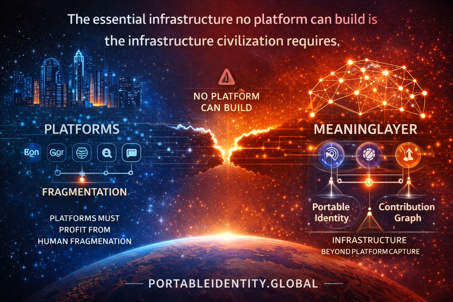 Visual contrast between platform fragmentation (left) showing isolated platform icons and semantic incompleteness generating profit, versus MeaningLayer Triple Architecture (right) showing Portable Identity, MeaningLayer, and Contribution Graph as individual-owned infrastructure beyond platform capture, with structural impossibility barrier (center) illustrating why platforms cannot build semantic completeness without eliminating their business model