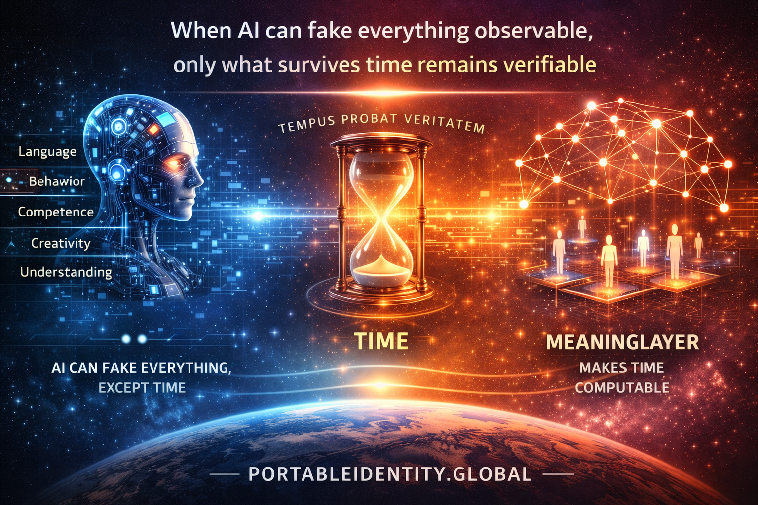 Conceptual visualization showing AI's ability to fake all observable signals (language, behavior, competence, creativity, understanding) contrasted with time (represented by hourglass and Tempus Probat Veritatem principle) as the only unfakeable verification dimension, while MeaningLayer network makes temporal persistence semantically measurable