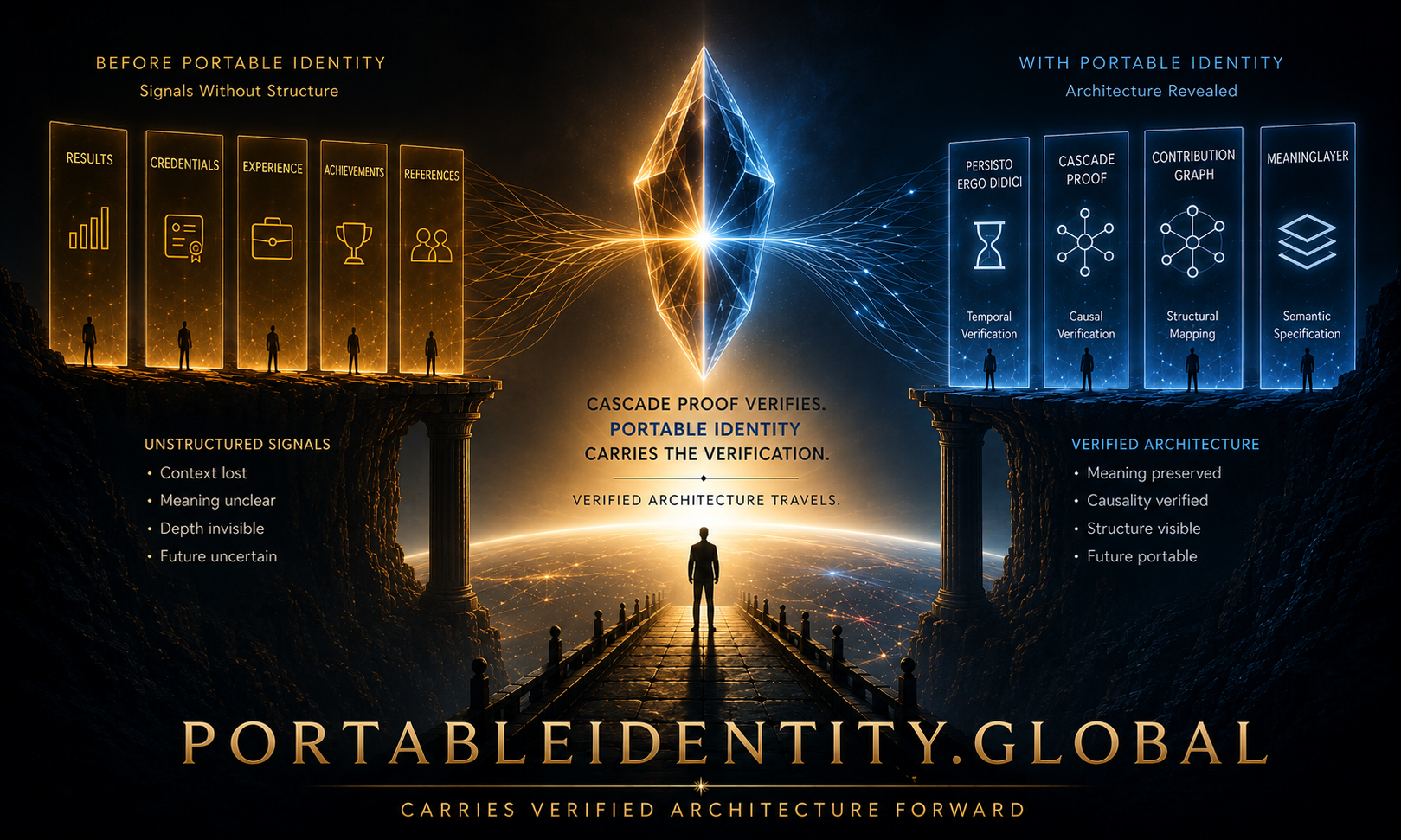 Cascade Proof visualizing how verified architecture travels across institutional boundaries through causal verification, transforming signals into verifiable evidence that can be carried forward by Portable Identity.