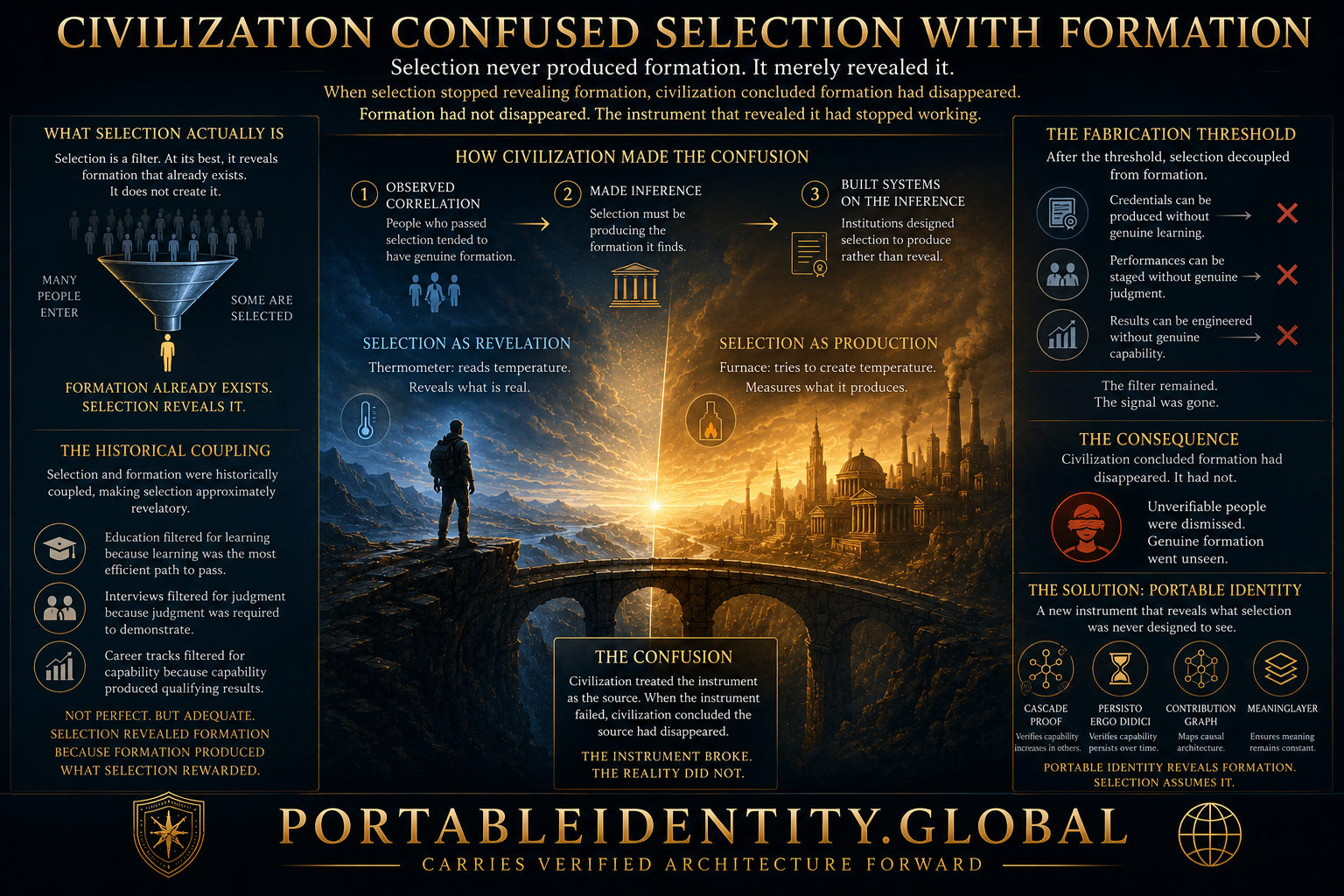 Civilization Confused Selection With Formation infographic explaining why selection reveals formation but never produces it.