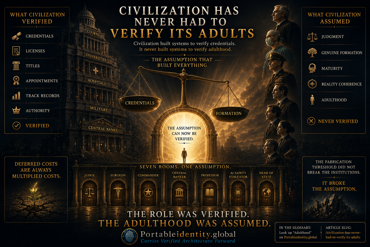 Civilization Has Never Had To Verify Its Adults infographic showing the difference between verified credentials and assumed adulthood across institutions, governance, medicine, law, education, military leadership and public authority.