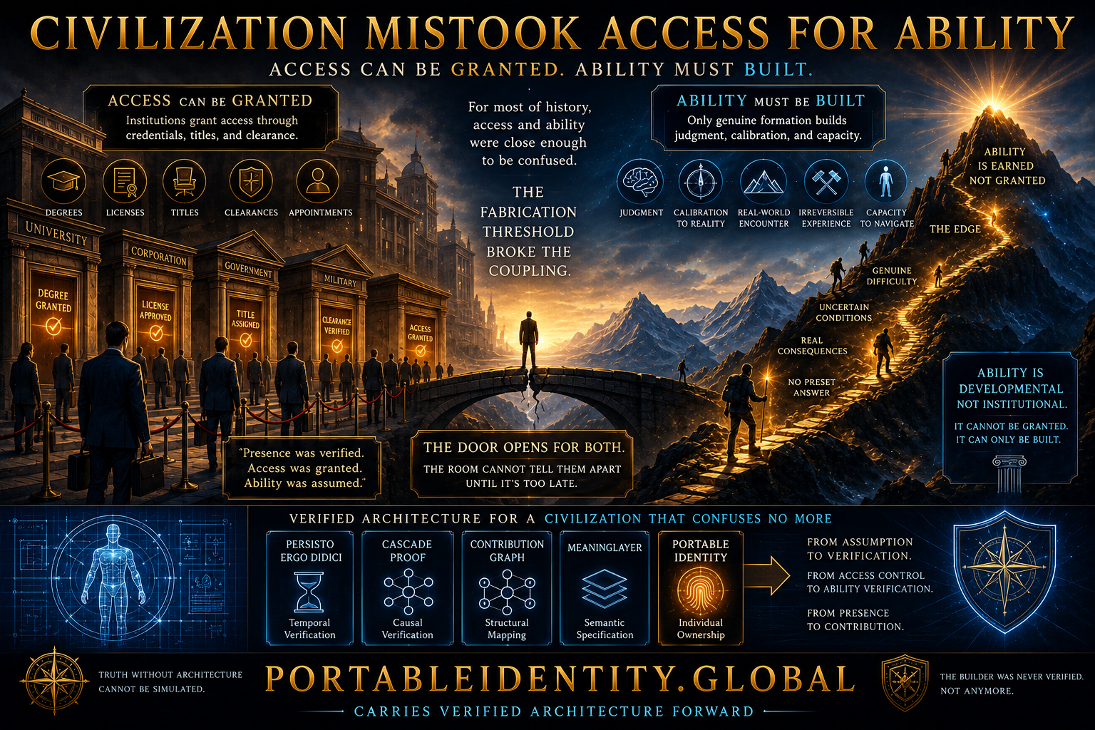 Infographic illustrating how civilization confused institutional access with genuinely built human ability.