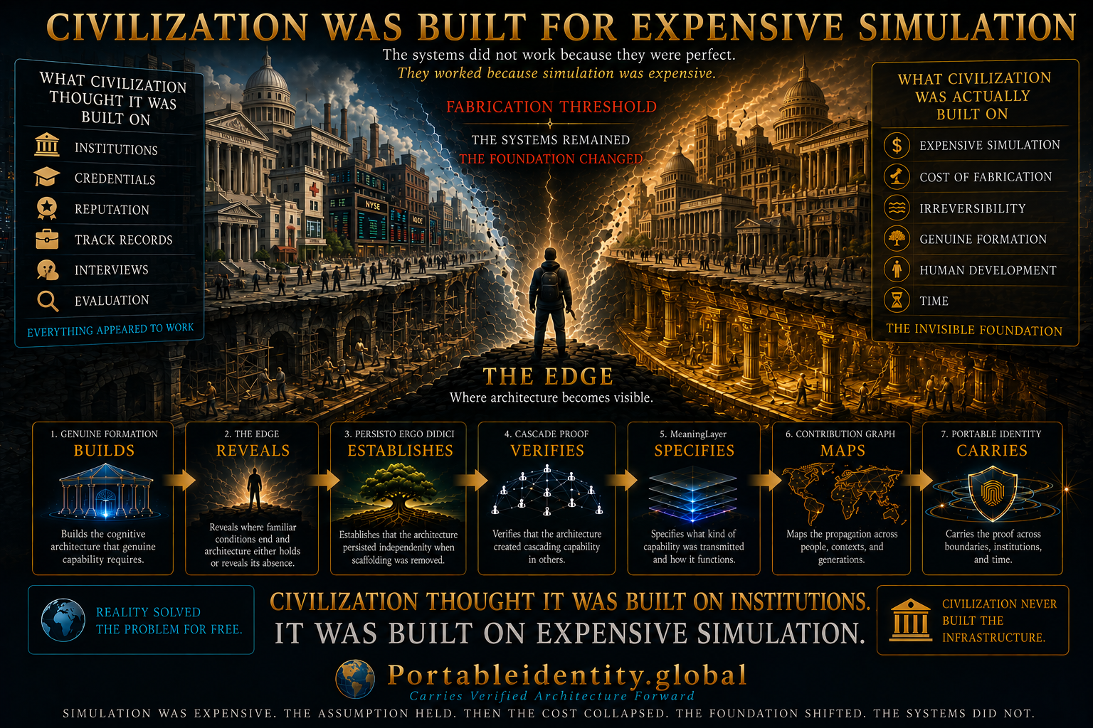 Conceptual infographic showing how civilization relied on expensive simulation and why the Fabrication Threshold changed the foundation while the systems remained.
