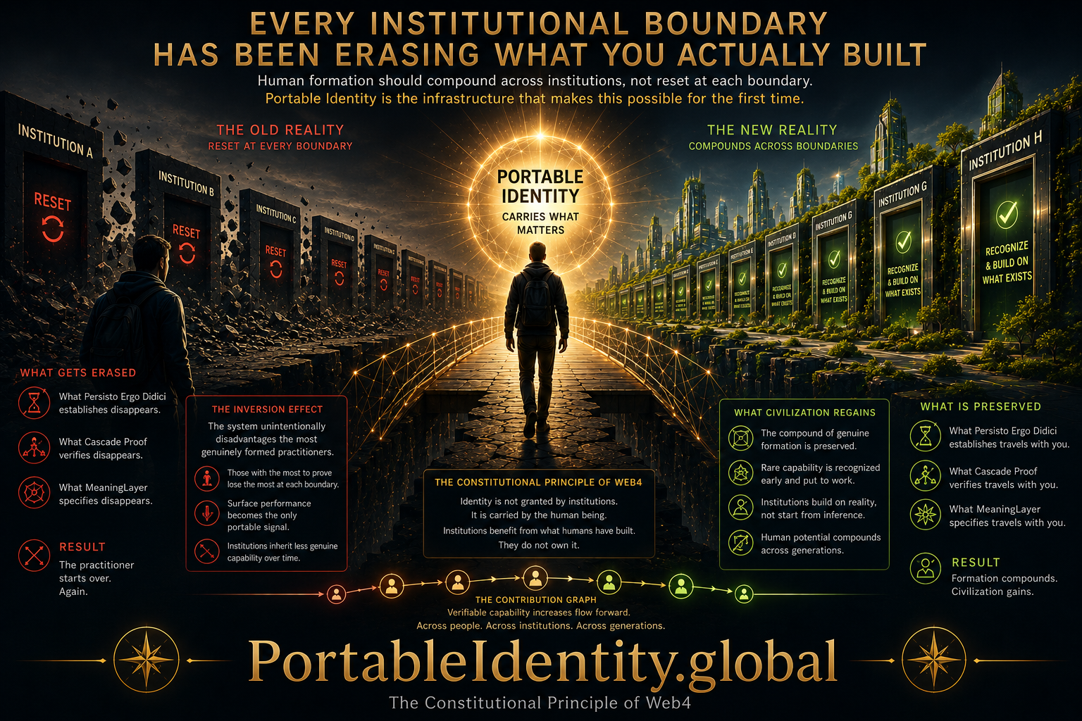 Cinematic infographic showing Portable Identity as the infrastructure that preserves genuine formation, allowing verified capability to compound across institutional boundaries instead of resetting.