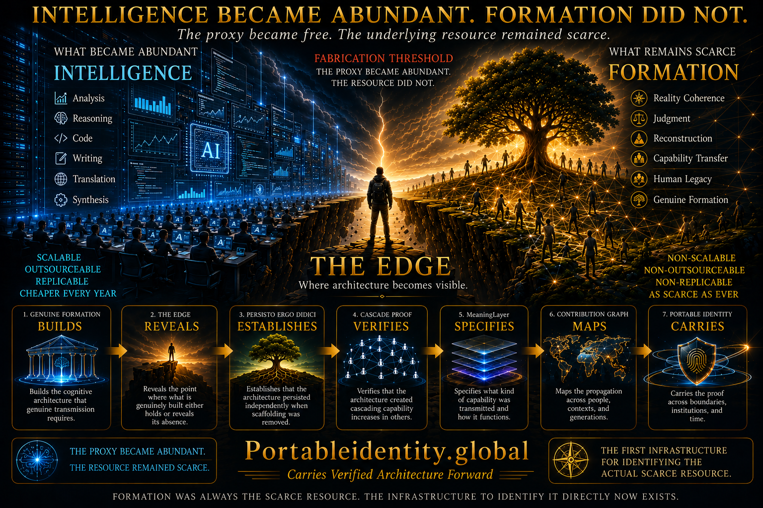 Intelligence Became Abundant. Formation Did Not. Visualizing the divergence between scalable intelligence and the enduring scarcity of genuine formation after the Fabrication Threshold.
