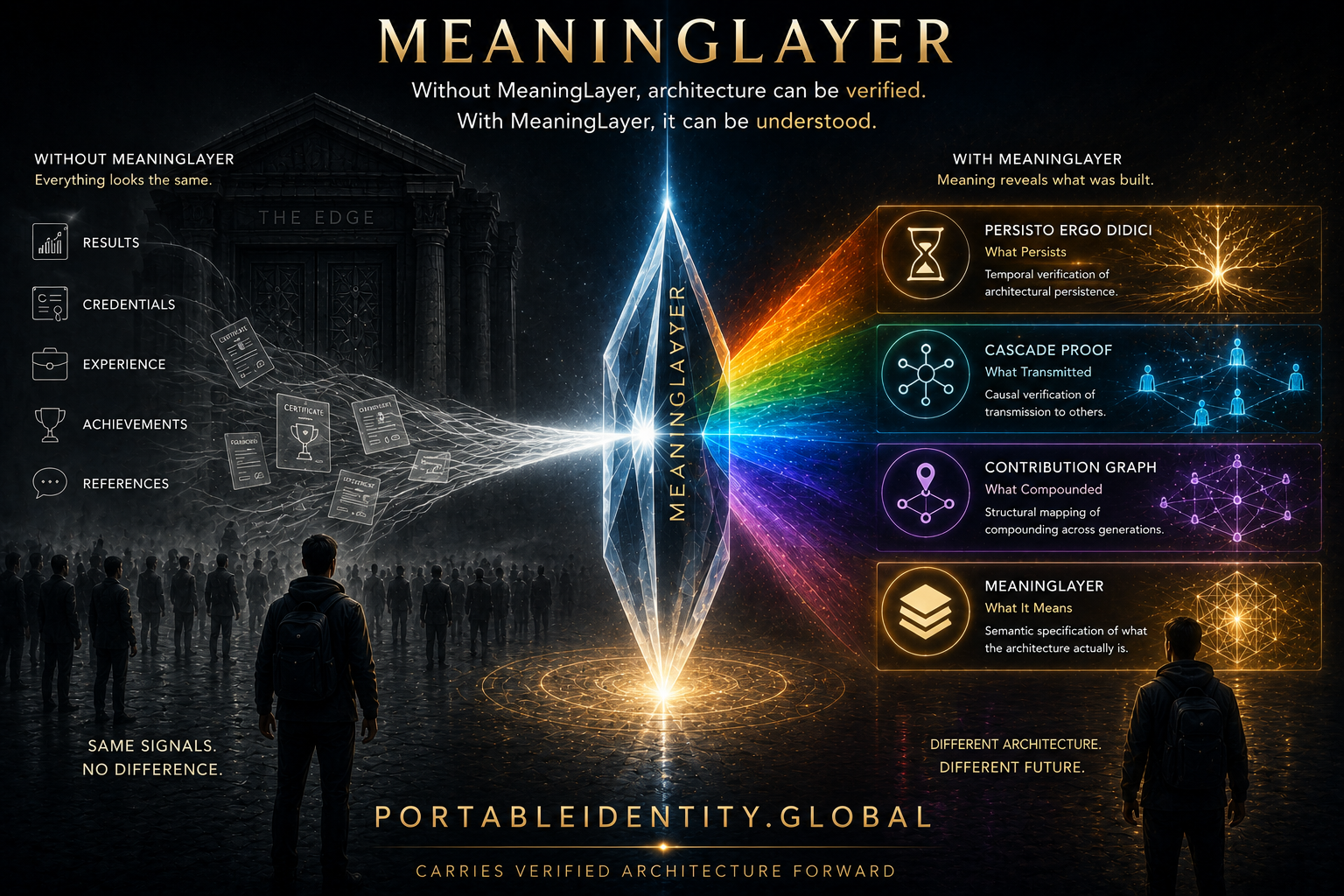 MeaningLayer visualizing how identical signals become distinguishable through semantic specification, revealing what verified architecture actually means through Persisto Ergo Didici, Cascade Proof, Contribution Graph, and MeaningLayer.