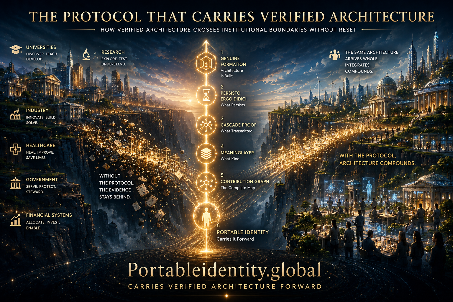 Portable Identity Protocol visualized as the infrastructure that carries verified architecture across institutional boundaries without reset, enabling genuine formation to compound across systems and generations.