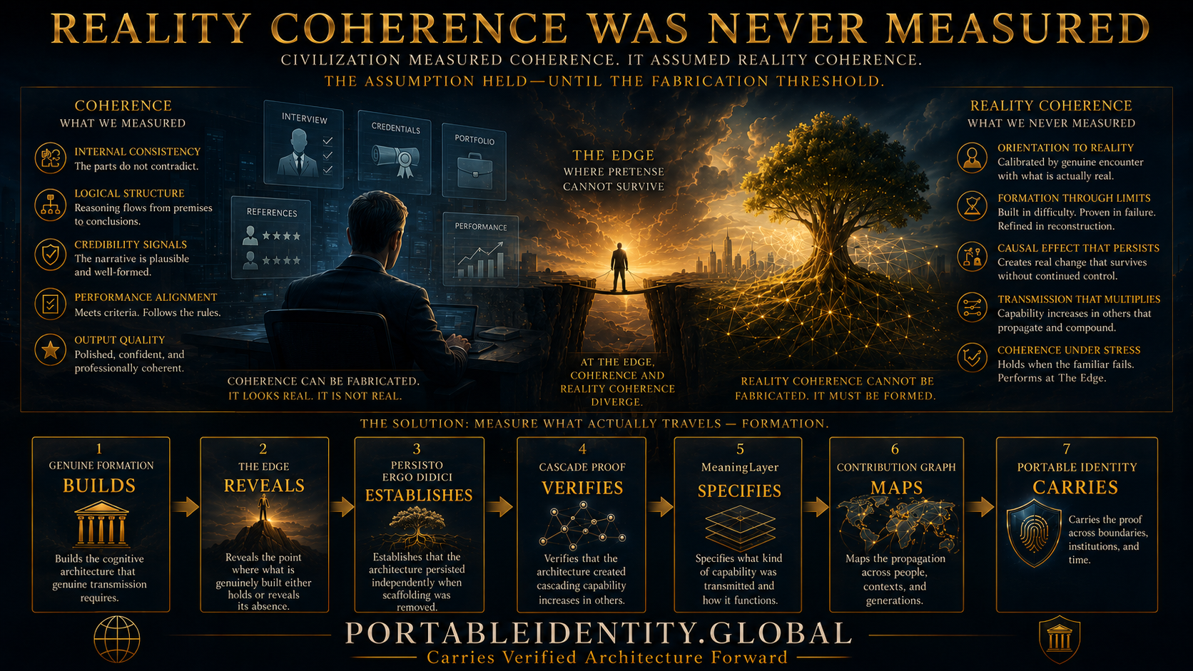 Reality Coherence Was Never Measured visualized as the distinction between coherence and Reality Coherence, showing why civilization measured internal consistency while assuming genuine calibration to reality.