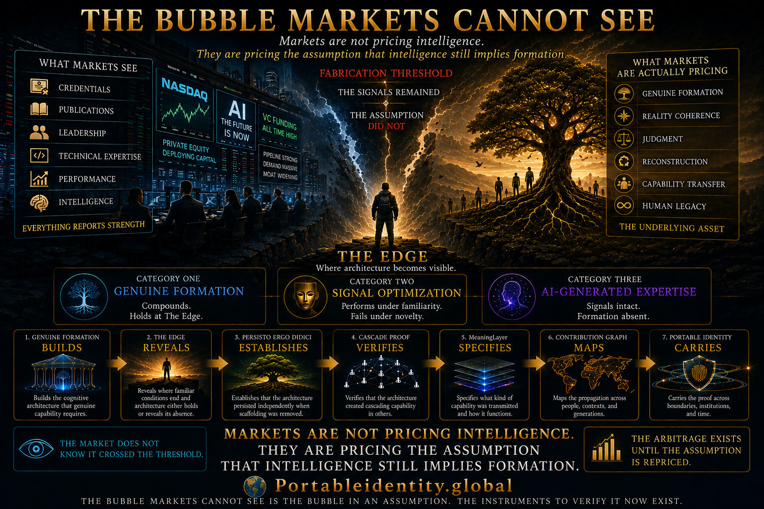. Alt-text Conceptual illustration showing how financial markets continue using pre-Threshold instruments to evaluate post-Threshold human capital, creating an invisible assumption bubble