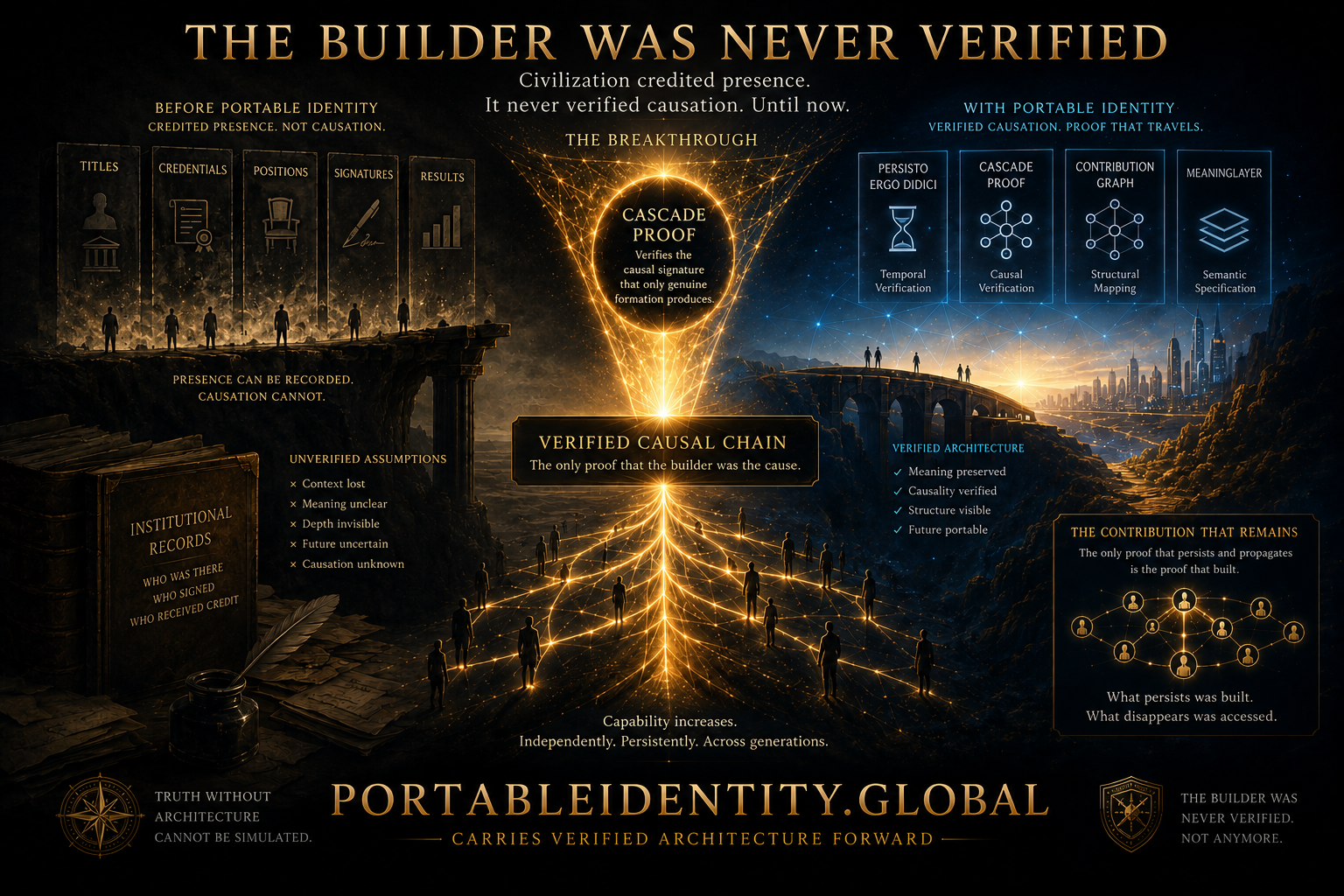 Conceptual infographic illustrating how civilization credited presence instead of verifying causation, and how Cascade Proof makes verified causation possible.