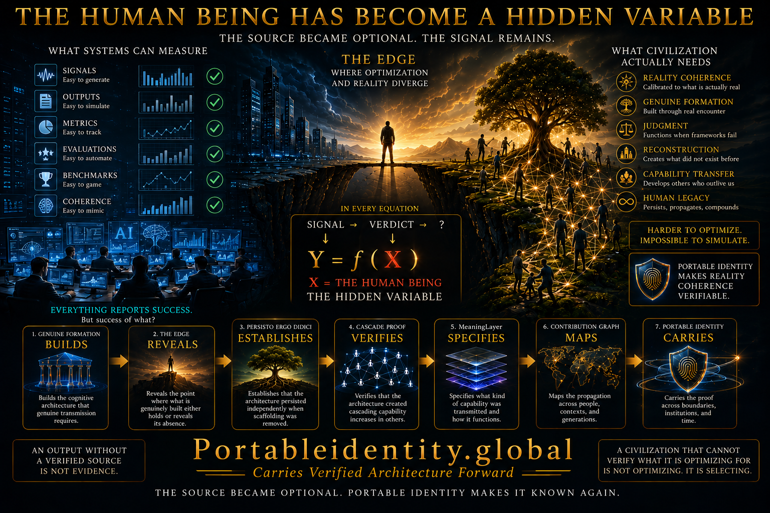 Conceptual illustration showing how the human being became a hidden variable in civilization's equations after the Fabrication Threshold, making signals indistinguishable from their sources.