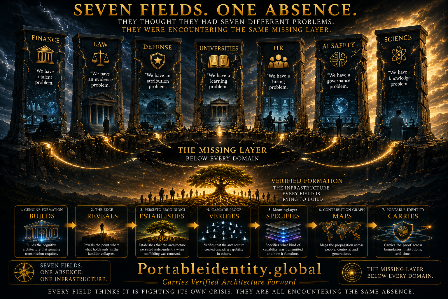 Infographic showing how finance, law, military, universities, HR, AI safety, and science are encountering the same verification infrastructure problem from different directions.