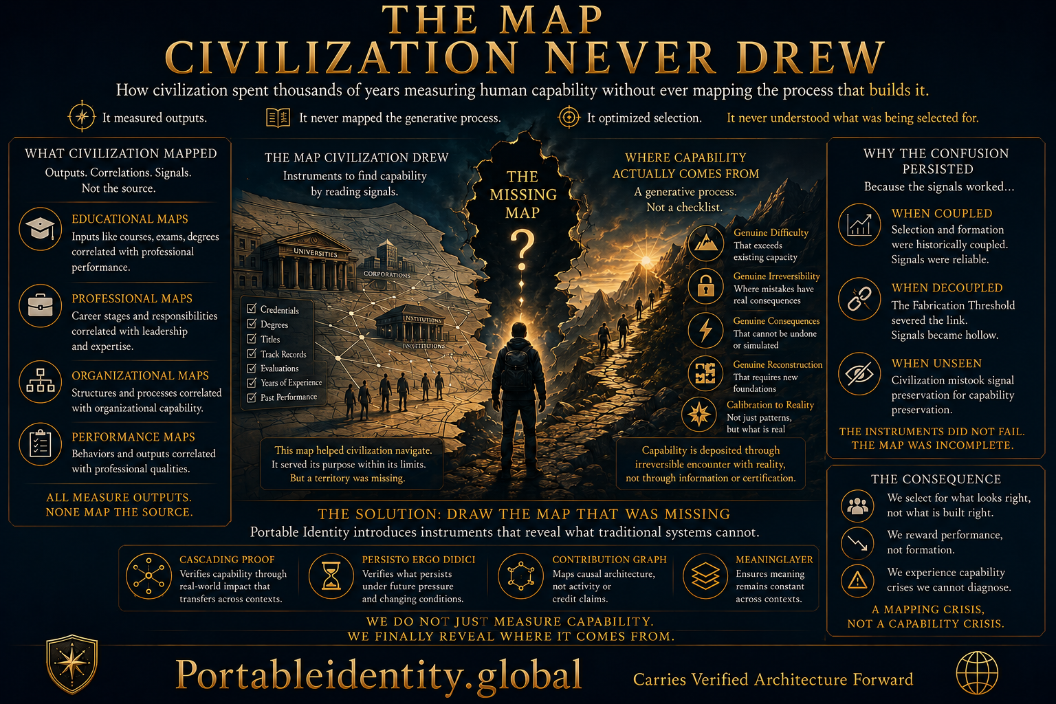 The Map Civilization Never Drew infographic illustrating how civilization measured human capability without ever mapping the process that builds it.