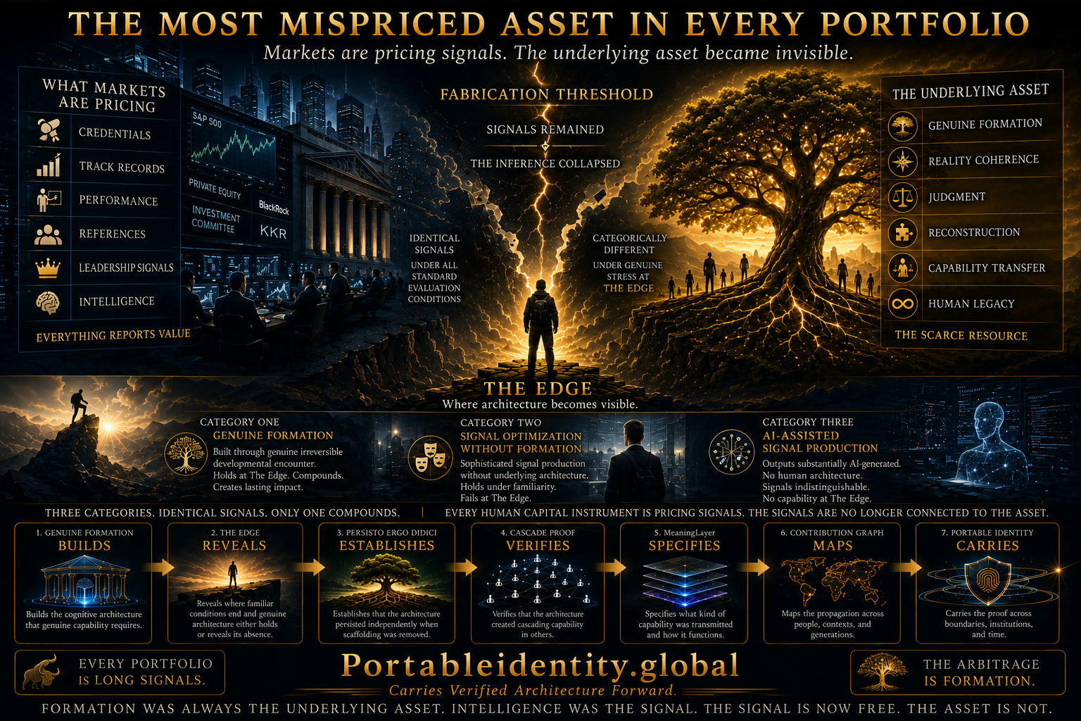 Conceptual illustration showing how human capital markets misprice signals instead of genuine formation after the Fabrication Threshold.