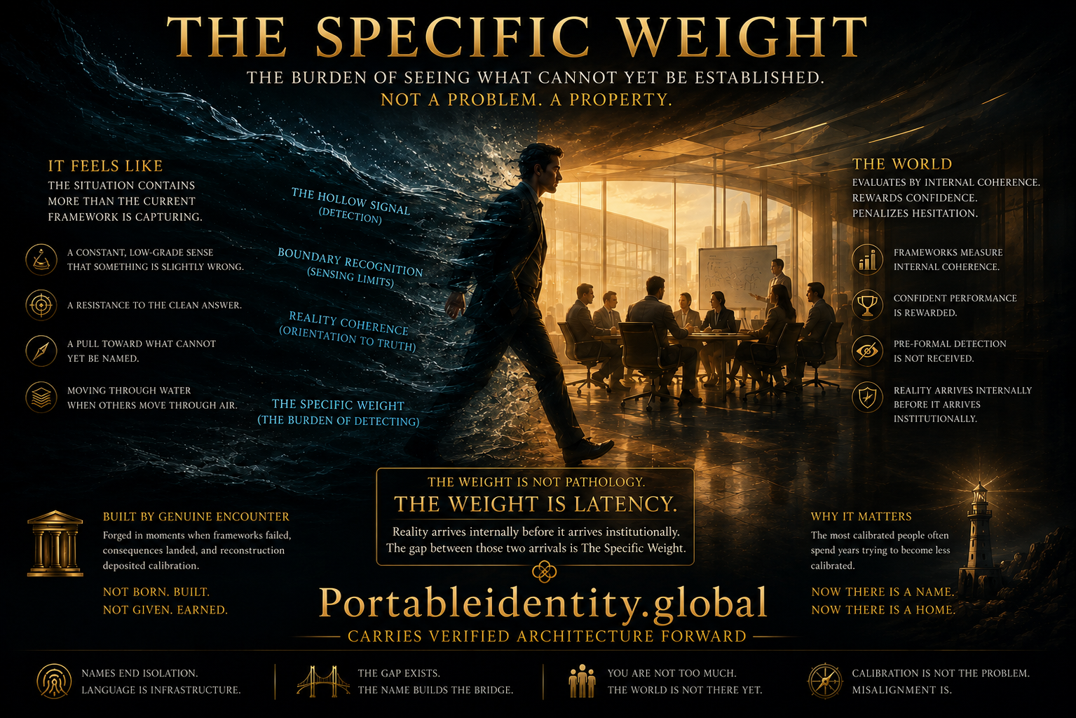 Conceptual infographic showing The Specific Weight as the burden of detecting reality before institutions can receive it.