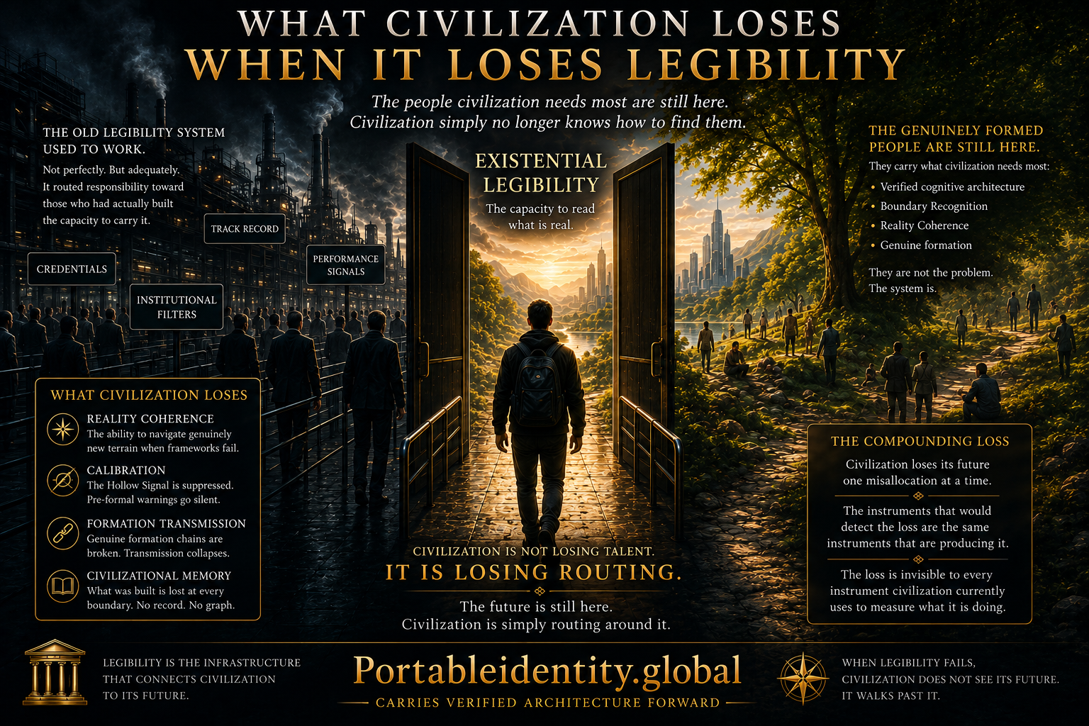 Conceptual infographic illustrating Existential Legibility and how civilization loses the ability to recognize genuinely formed people after the Fabrication Threshold.