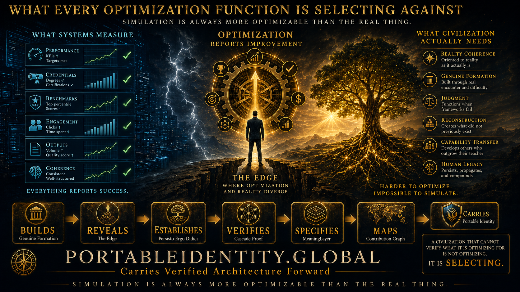 Diagram illustrating how optimization functions pointed at measurable proxies systematically select for simulation over reality after the Fabrication Threshold.