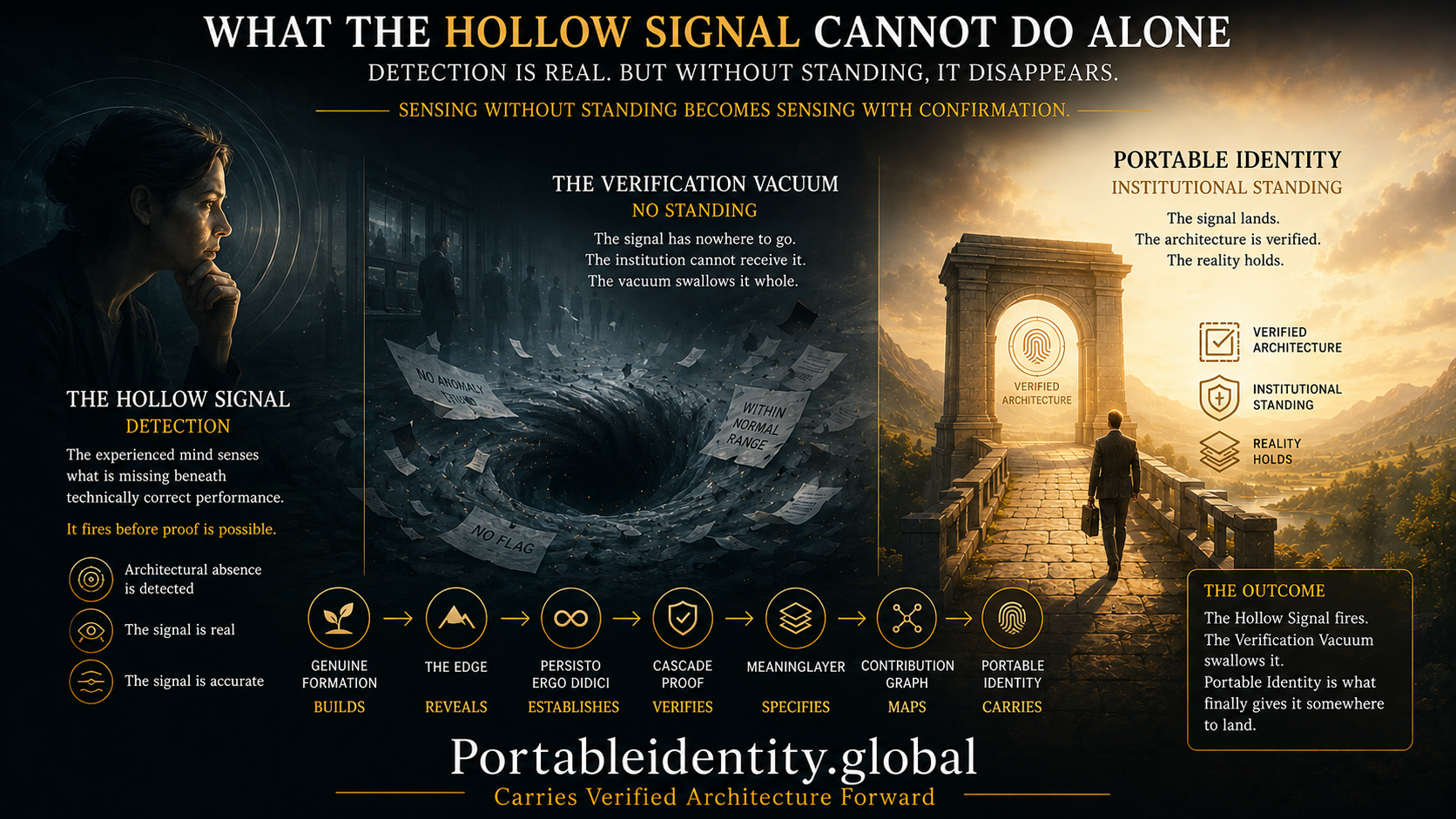 Infographic showing how The Hollow Signal detects architectural absence, how the Verification Vacuum swallows detection, and how Portable Identity provides institutional standing through verified architecture.