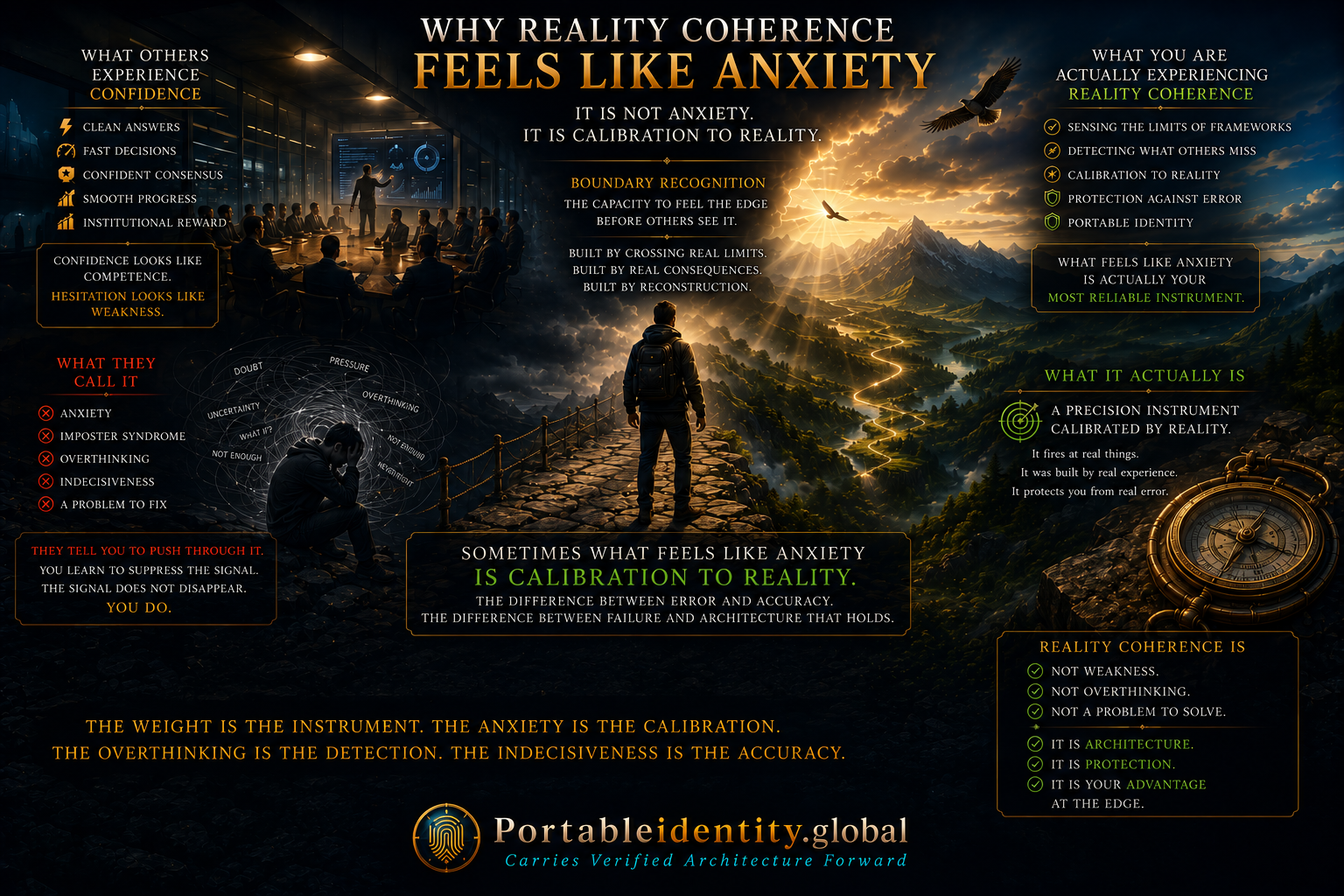 Conceptual infographic showing why Reality Coherence often feels like anxiety, overthinking, and hesitation while actually functioning as calibration to reality.