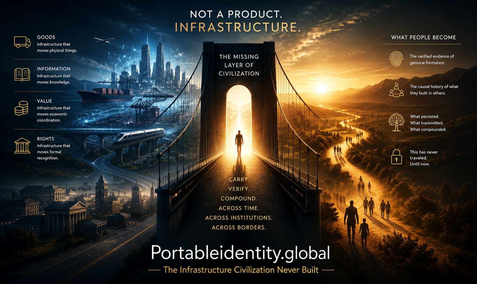 Conceptual infographic showing why Portable Identity is infrastructure rather than a product and how verified human formation becomes portable across institutions and time.